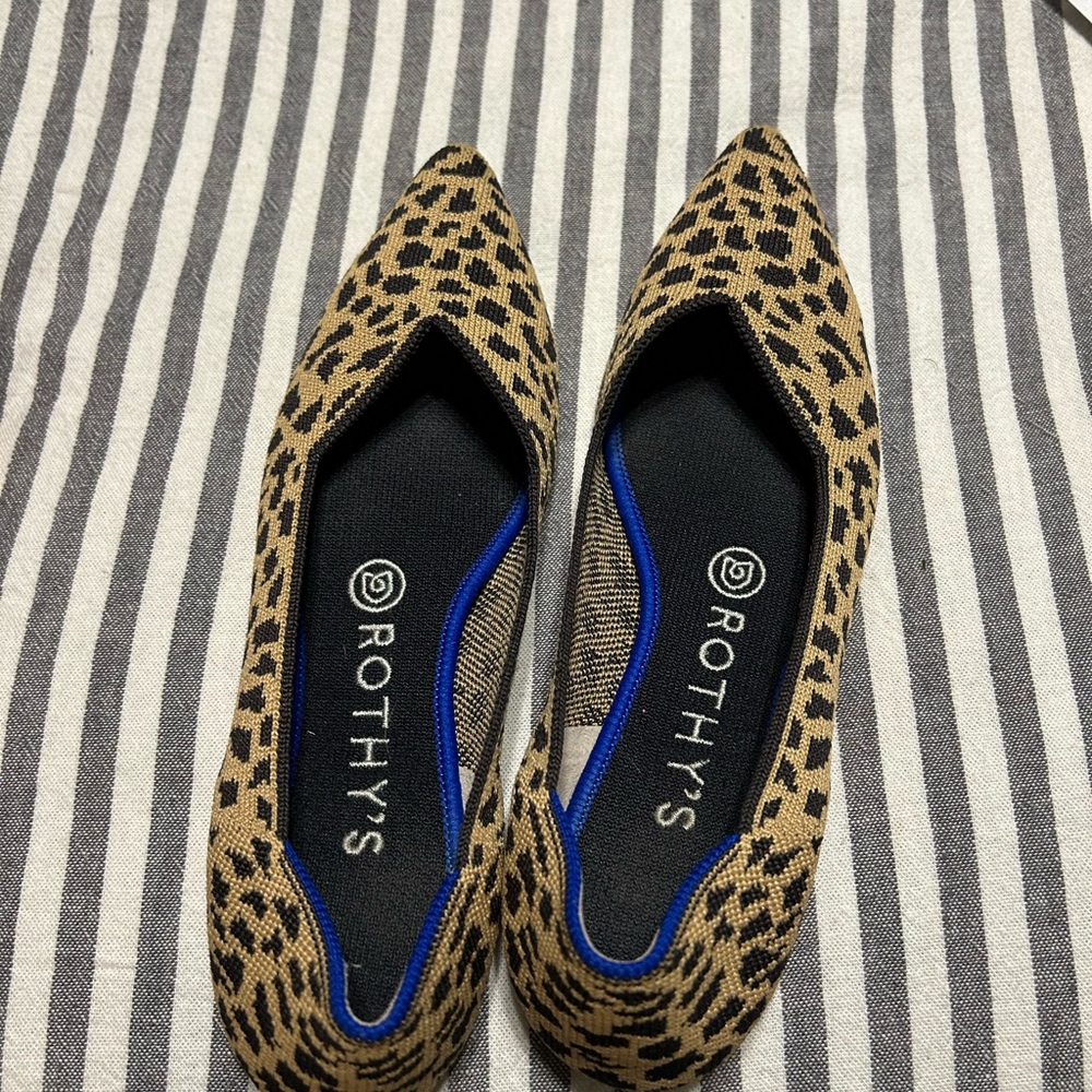 Rothy's Leopard Print Pointed Toe Flats with Blue Trim